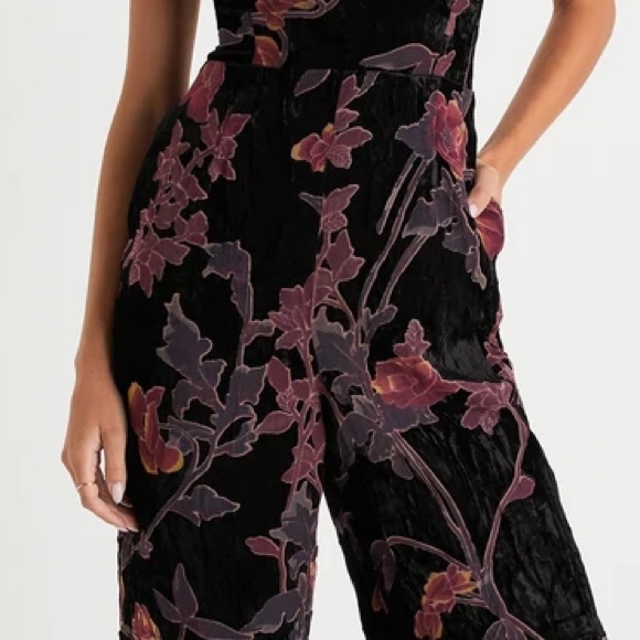 Lulus Exquisite Vibe Black Floral Burnout Velvet Purple Pink Lace-Up Jumpsuit M - Picture 7 of 11